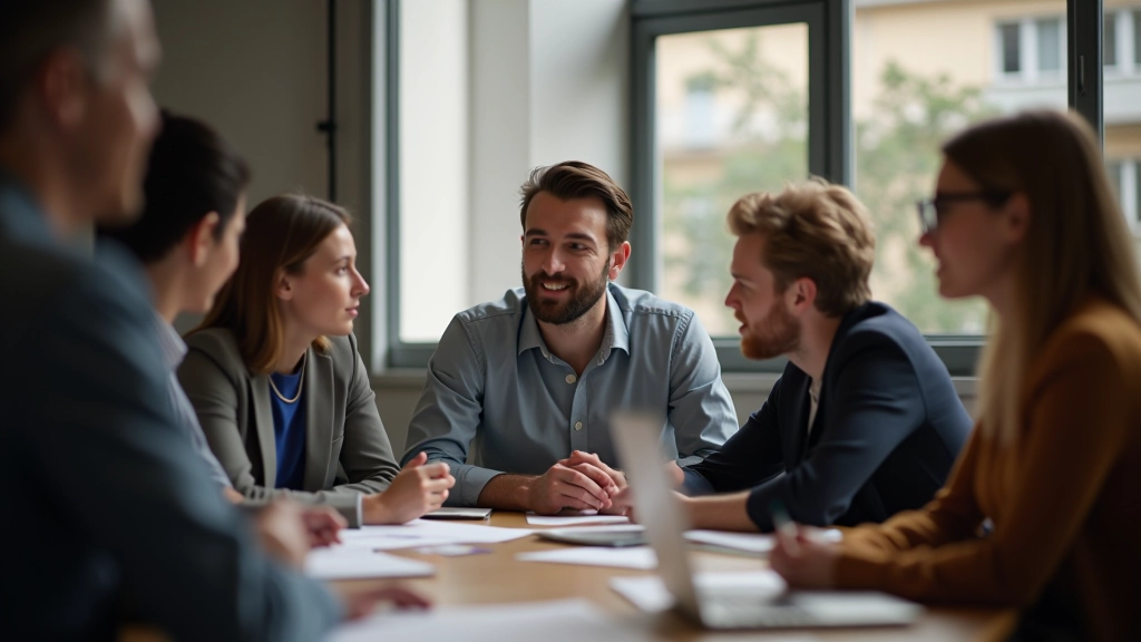Diverse Gruppe junger Fachkräfte in modernem Co-Working-Space, kollegiale Atmosphäre, konzentrierte Diskussionen