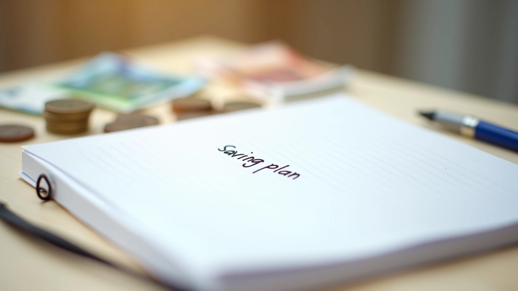 Sparplan Notizbuch mit Münzen und Geldschein daneben