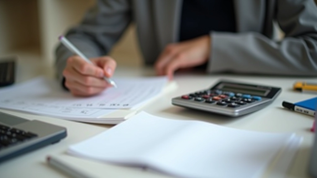 Person schreibt finanzielle Ziele und Budgetnotizen in Notizbuch, Taschenrechner auf dem Schreibtisch, organisierte Planungsmaterialien