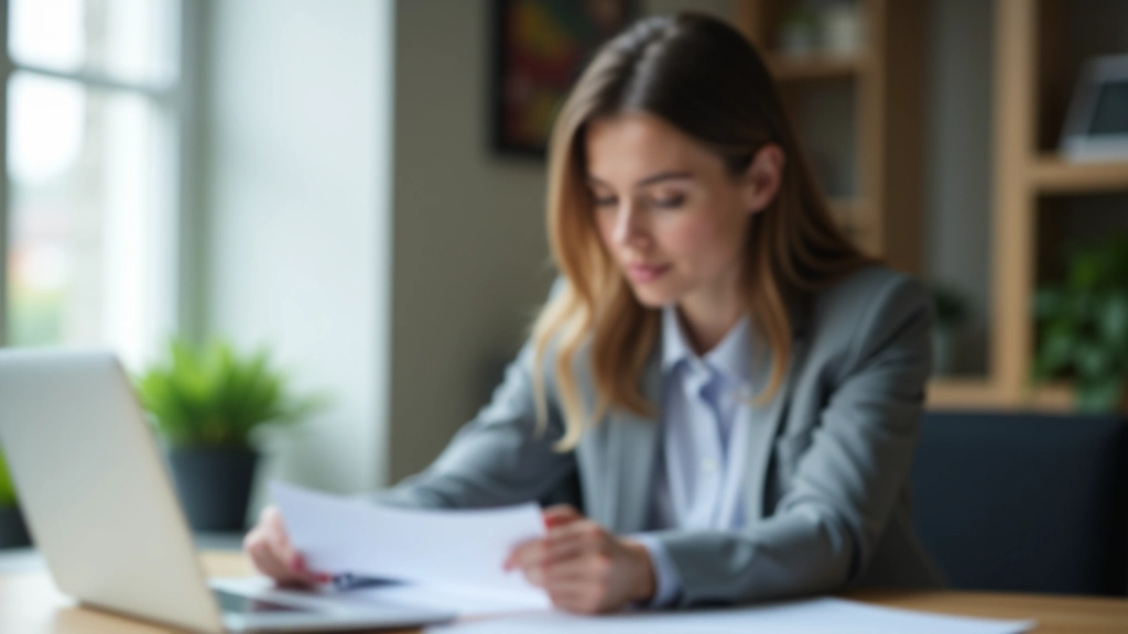 Junge Berufsanfängerin sitzt am Schreibtisch mit Laptop und analysiert ihre Gehaltsabrechnung sorgfältig