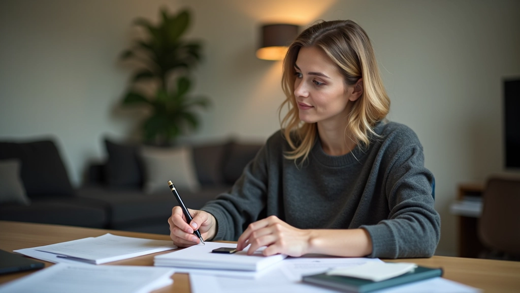 Frau sitzt mit Arbeitsvertrag und Notizen am Tisch, Papiere organisiert, Kaffeetasse daneben, helles Arbeitszimmer