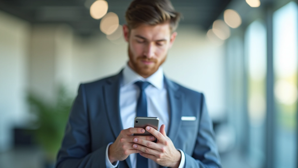 Junger Profi schaut auf Smartphone mit Banking-App, modernes Büro-Setting