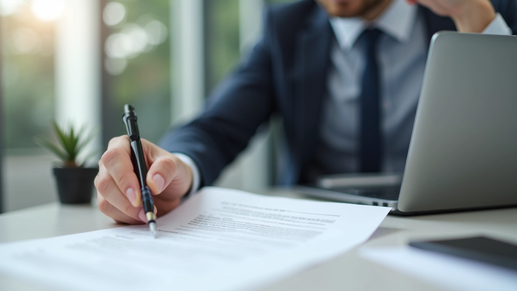 Junger Berufseinsteiger sitzt am Schreibtisch und liest Arbeitsvertrag mit Lupe, modernes Büro, natürliches Licht