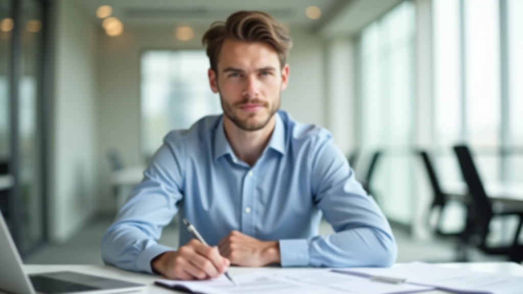 Junger Berufstätiger sitzt am Schreibtisch mit Laptop und Notizen zu Finanzen