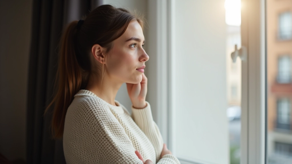 Junge Frau schaut nachdenklich aus dem Fenster, im Hintergrund Stadtlandschaft