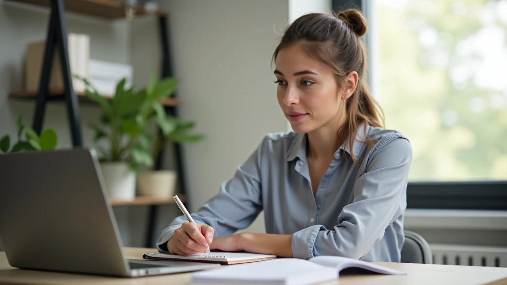Junge Frau am Schreibtisch mit Laptop und Notizblock beim Planen ihres monatlichen Budgets