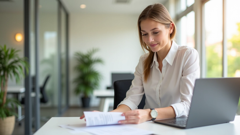 Junger Fachmann überprüft Gehaltsdokumente und arbeitet am Laptop in modernem Büro